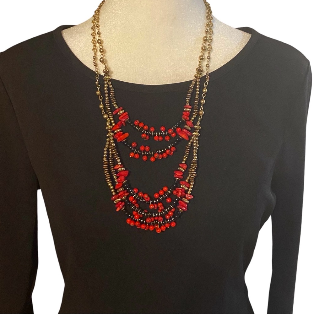 Coiris Multi-Strand Red & Black Beaded Layered Gold-Tone Necklace